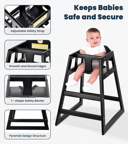 Alpine Wooden High Chairs for Babies and Toddlers with Safety Strap, Commercial Grade Restaurant High Chair, Durable Wood Space Saver Baby Feeding Chair, Ideal for Dining Spaces (2 Pack, Black)