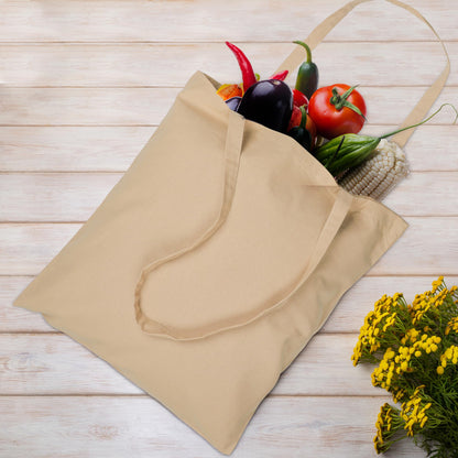 Urban Villa 12 Pack Reusable Grocery Bags 15’’x16’’ with 27’’ long Handle Beige Color 100% Cotton Tote Bags Medium Weight Grocery Shopping Cloth Bags Great Choice for Promotion Gift DIY Advertising
