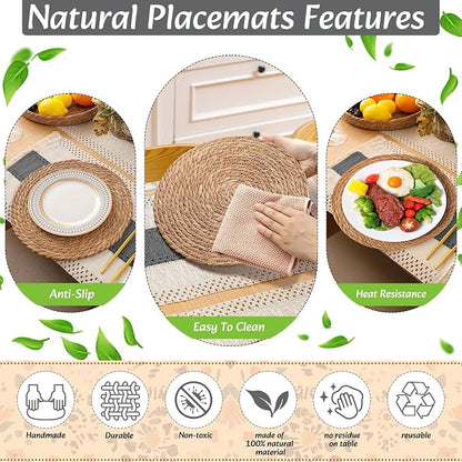 6 Sets Boho Decoration Placemats Round Woven Placemats, Cloth Napkins, Wood Bead Napkin Rings, Long Table Runner and Farmhouse Burlap Cotton for Table Kitchen (Gray,12x72)