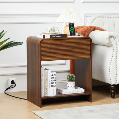 XUZENEST Fluted Nightstand with Charging Station, Mid Century Modern Bed Side Table End Table with Drawer Storage, Large Wooden Night Stands Bedside for Bedroom Living Room Sofa Office, Walnut