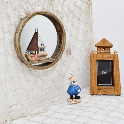 Nautical Wood Wall Decoration Hanging Circle Mirror Sailboat Sign Wooden Sailing Boat Rustic Home Decor Ocean Wall Art Beach Themed Ornament for Door