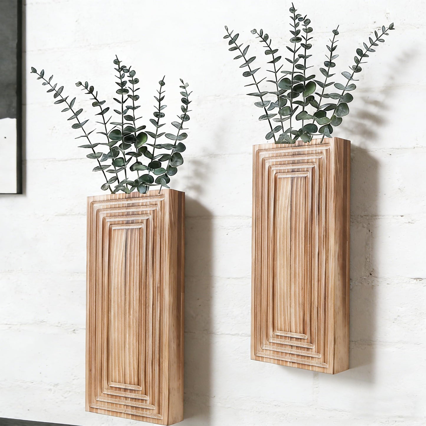 FancyPlus Wooden Wall Planter Vase, 2 Pack Brown Wood Hanging Vases with Fake Eucalyptus for Indoor Modern Boho Farmhouse Wall Art Decor for Home Indoor Kitchen Modern Farmhouse Bathroom