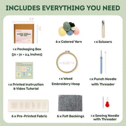 Kukovaya Punch Needle Kit for Beginners & Adults – Complete DIY Embroidery 6-Coaster Kit with Printed Fabric, Yarn, Needle, Hoop & Guide – Easy Craft Kit for Home Décor, Gifts & Stress Relief