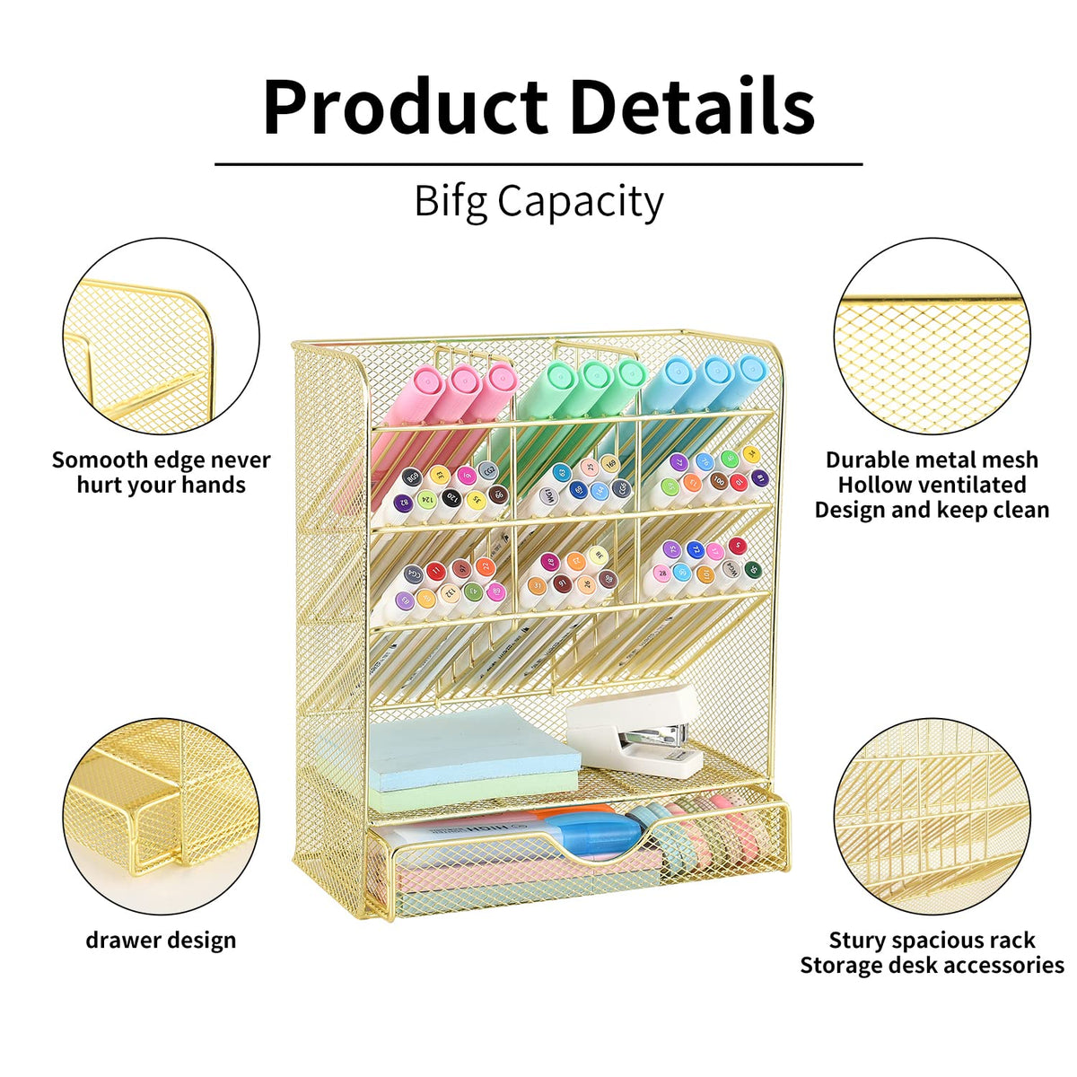 Spacrea Mesh Pen Organizer - Pencil Holder for Desk, Desk Organizer with Drawer for School, Home, Art Supplies (Gold)