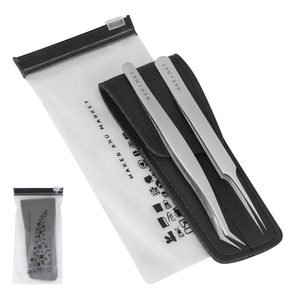 Small Precision Tweezers 4.5 Inch Set of 2 Kit - Mini Angled and Fine Needlepoint Tips with Pouch Sleeve for Embroidery, Jewelery, Beading, Thread, Knitting, Sewing, Arts & Craft (Satin)