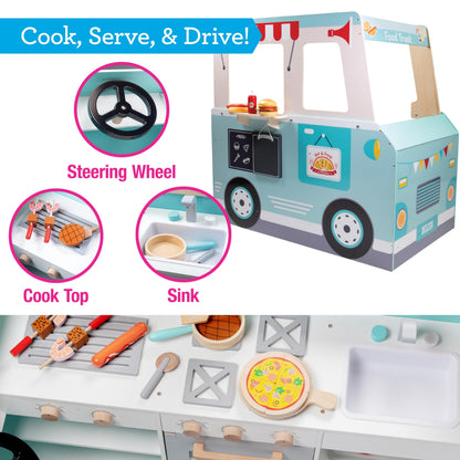 Food Truck Wooden Playset- 20 Fun Toy Pieces Including Cook Top, Steering Wheel, Sticker Sheet for Kids Name- Food Tray, Pizza Slices & More, Dual Sided Play Stand for Indoor Fun Activity, For Ages 3+