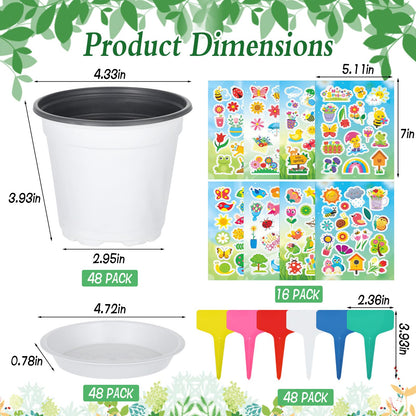 Zoketriton Garden Flower Pot Craft Kit, 48 Paintable Durable Resin Garden Pot with Tray Drainage Holes Adhesive Stickers and Plant Labels, Flower Plant Craft for Classroom Home DIY Flower Planting
