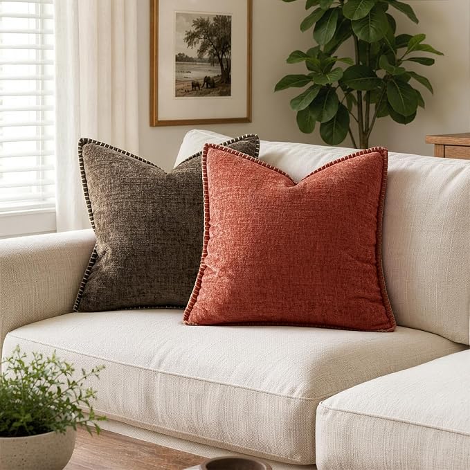 MIULEE Pack of 2 Fall Couch Throw Pillow Covers 16x16 Inch Burnt Orange Farmhouse Decorative Pillow Covers with Stitched Edge Soft Chenille Solid Dyed Pillow Covers for Sofa Bed Living Room