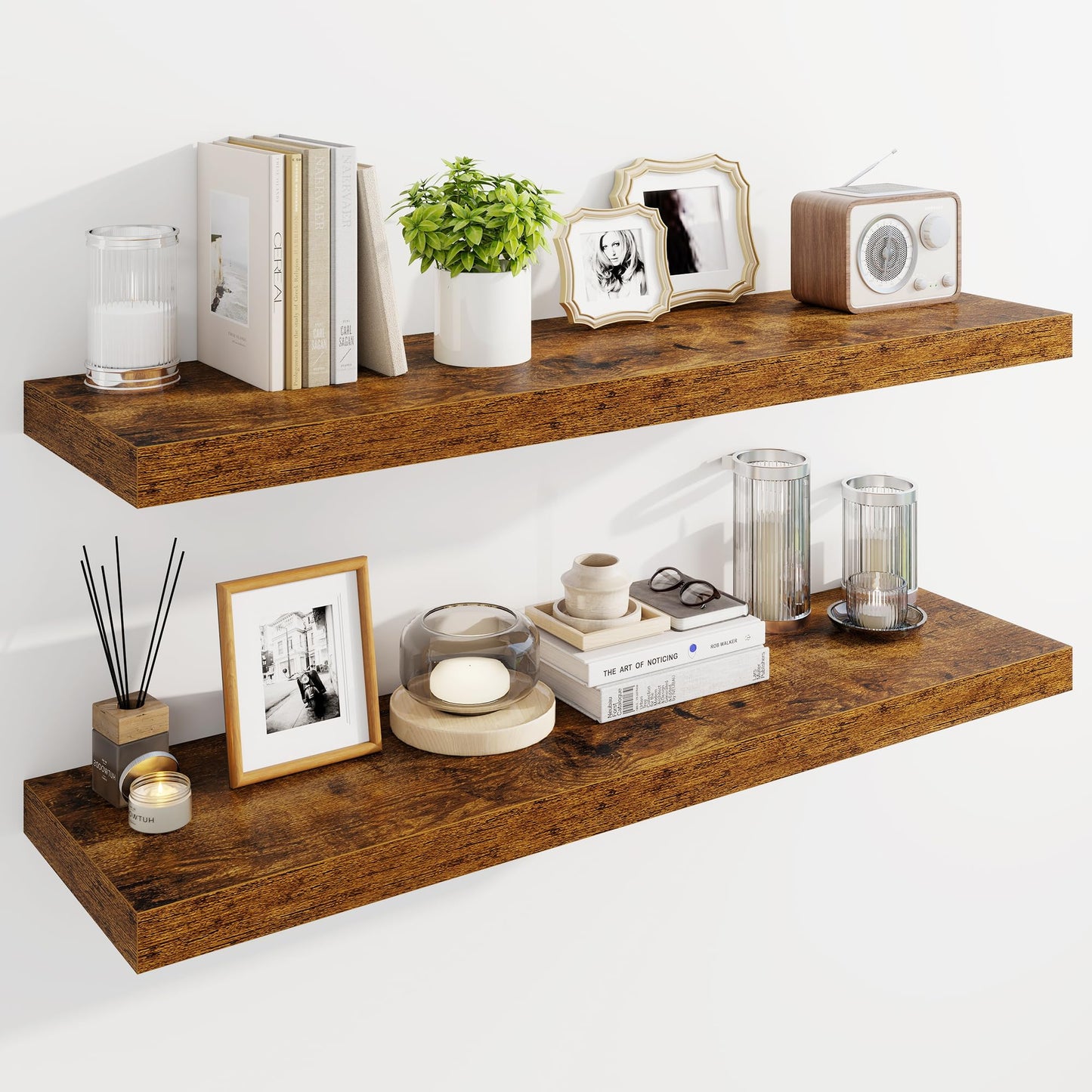 Marsmiles 40" Floating Shelves for Wall, Wooden Shelves with Invisible Brackets Set of 2, Rustic Farmhouse Wall Mounted Shelf for Kitchen Bathroom Living Room Study, Rustic Brown