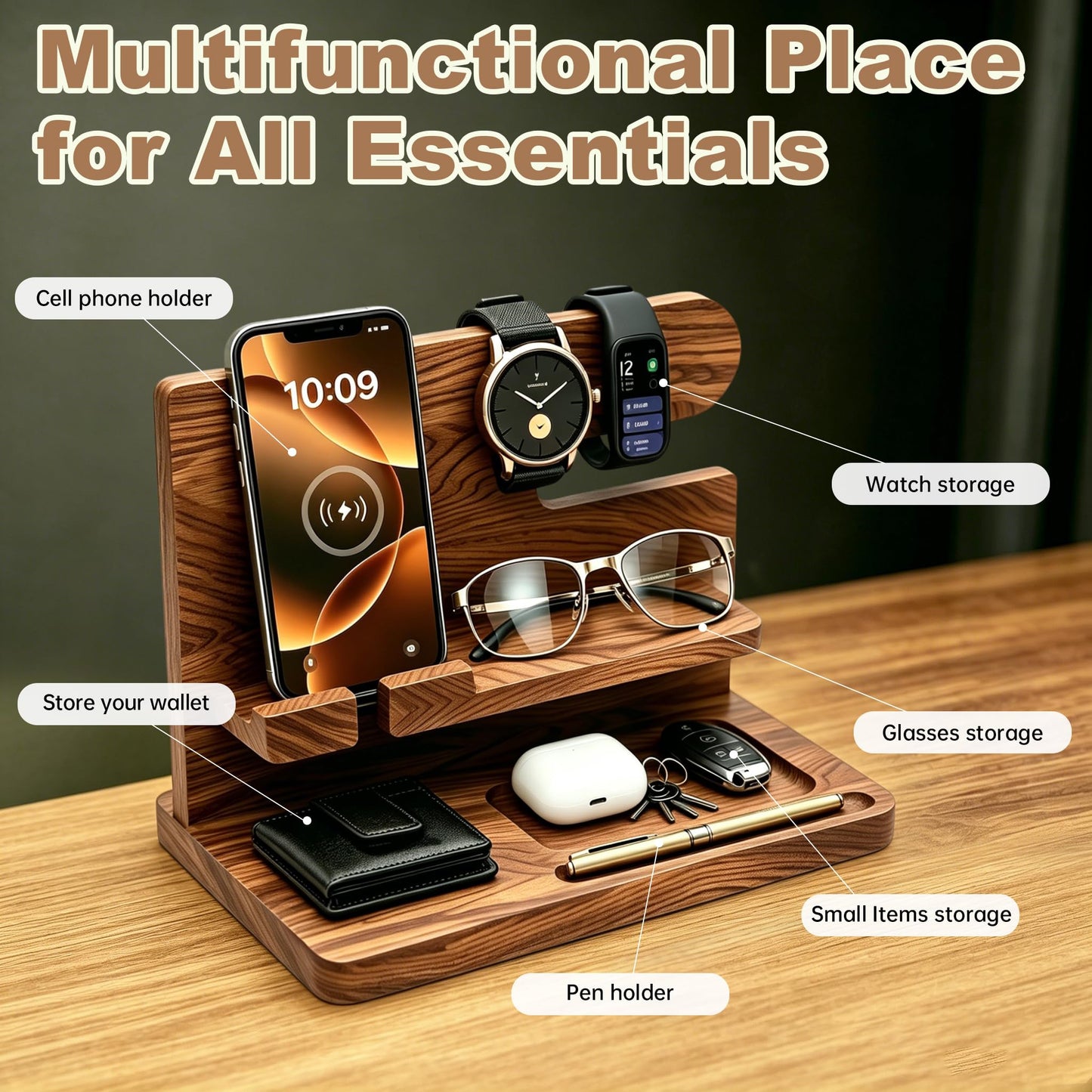 Iswabard Gifts for Men Wood Phone Docking Station Birthday Gift for Men Valentines Day Gifts Father Gift for Him Boyfriend Nightstand Organizer Desktop Phone Stand