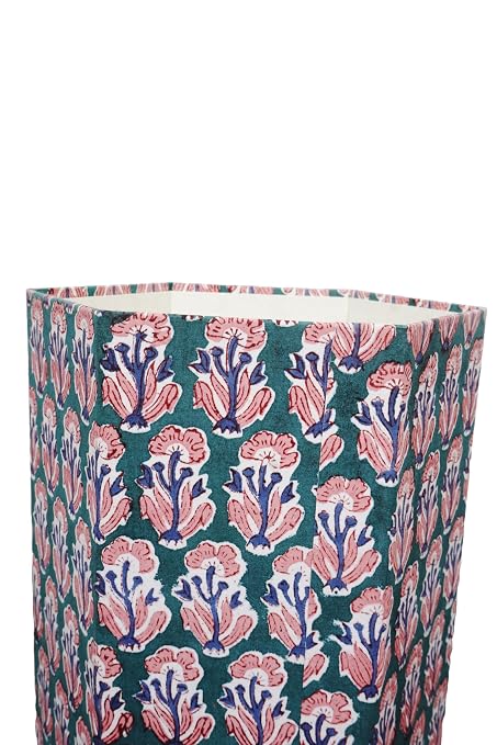 3.3 Gallon Cotton Hand Block Printed Paper Waste Basket |Small Decorative Trash Can for Housewarming Gifts in Living Room, Bedroom, Bathroom | Eco-Friendly, Plastic-Free (1, Green Blue RED Tree)