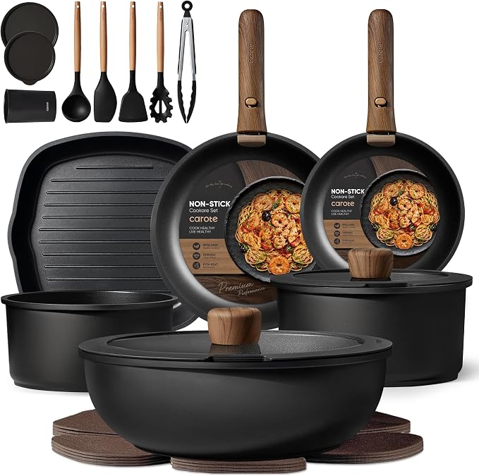 CAROTE 23pcs Pots and Pans Set Non Stick with Detachable Handle, Nonstick Cookware Sets, Kitchen Cooking Set - Camping Cookware, Oven/Dishwasher Safe, Induction Compatible
