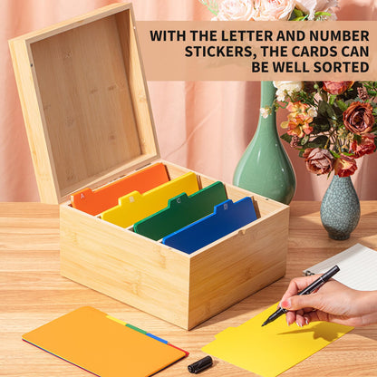 Henoyso 5 x 8 Inch Index Card Holder Set, Bamboo Organizer Box with 50 Dividers & 2 Sheets Alphabet Number Stickers File Note Holders, Holds 1200 Cards for Office Business Home Kitchen, Wooden Color