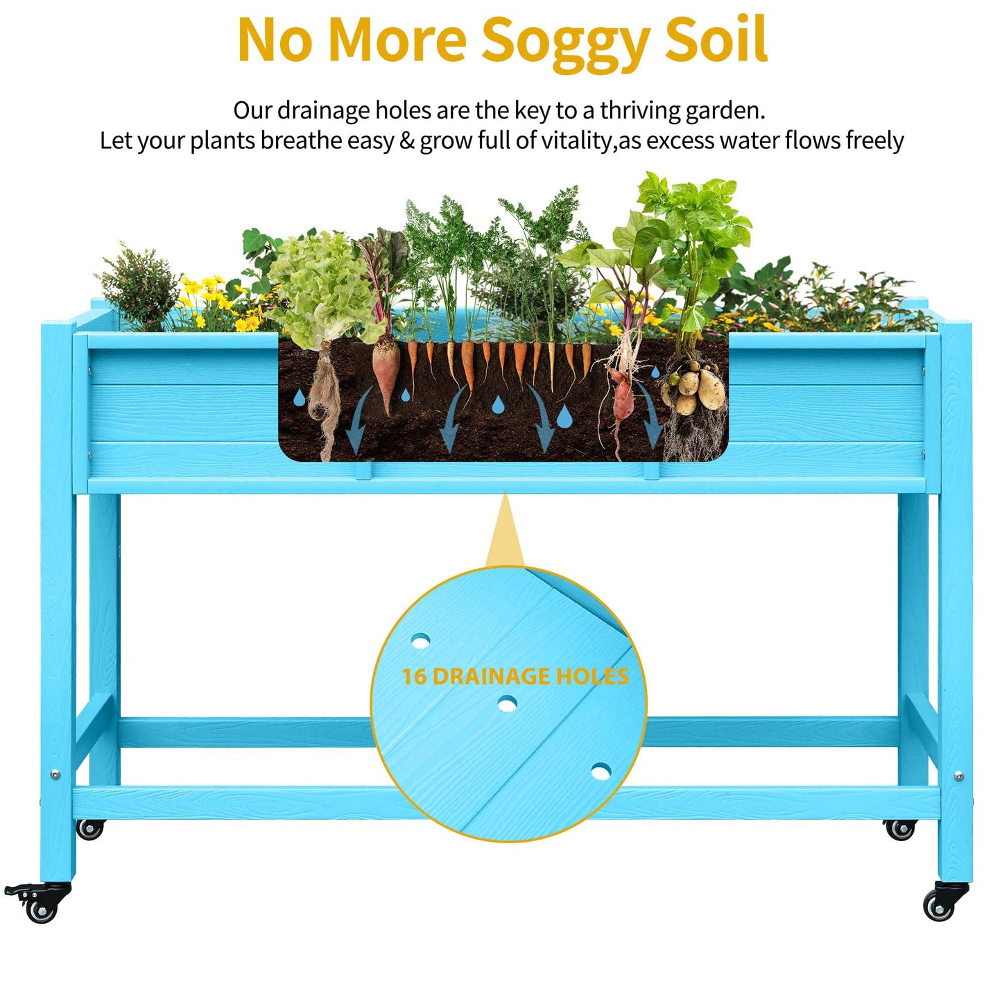 DWVO Raised Garden Bed HDPE with Wheels 47x18x31in Weather-Resistant Poly Wood Raised Planter Box Outdoor with Legs, Elevated Garden Bed for Patio Balcony Backyard, Blue