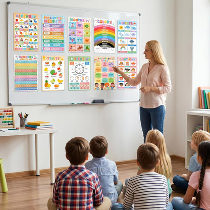 Gorsbark 18 Educational Posters for Toddlers 1-3, Laminated Learning Posters with Alphabet & Numbers Chart, Boho Classroom Kindergarten Preschool Decor, 11"x17"