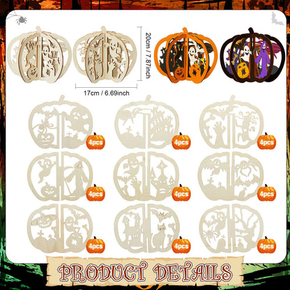 AceOrbit 36 Pcs Halloween Wooden Crafts Kits Pumpkin Bats Spider DIY Unfinished Wooden Slices to Paint 3D Blank Wood Cutouts for Halloween Table Decorations Arts, 6.7" x 7.9"