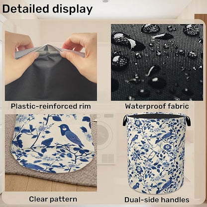 Navy Blue Beige Birds Laundry Basket