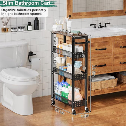 Utility Slim Storage Cart, Skinny Rolling Spice Rack with Table Top, Small Laundry Organizers and Storage Shelves for Between Washer and Dryer, Thin Shelf for Narrow Spaces, 4 Tier Bathroom Cabinet