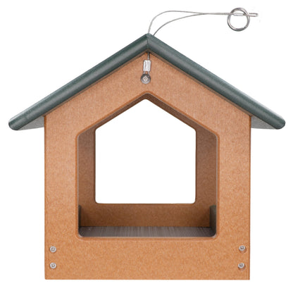 DutchCrafters Amish USA Made Recycled Plastic Large Hanging Modern Fly Through Covered Roof Open Platform Tray Bird Feeder for Outdoors, Garden, Yard (Turf Green & Bright Cedar)