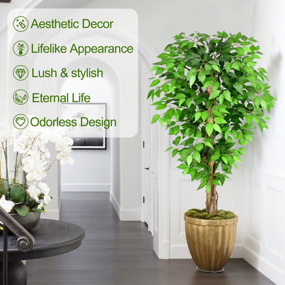 Keeplush 5ft Ficus Artificial Trees with Natural Curved Trunks, 60" Tall Lush Faux Tree for Home Decor Indoor, Green Lifelike Fake Ficus Tree Artificial Plants (Set of 2)