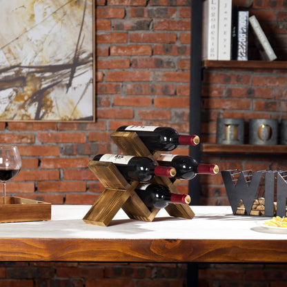MyGift 4-Bottle Rustic Brown Wood Wine Rack for Countertop - Brushed Country Rustic Style, Compact Storage for Kitchen, Bar, Dining Room (Holds 750ml Bottles)