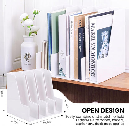LALOBLUE White Vertical File Organizer, 4 Section Magazine Holder for Desk, Desktop File Folder Rack for Books, Magazines, Documents and Notebooks, Office Home School