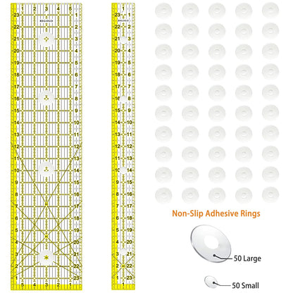 Acrylic Ruler 7 Piece Set, Non Slip Rings 50 Pieces, Quilting Rulers, Size (6"x24"), (2"x24"), (3"x18"), (3"x8"), (1.5"x12"), (1"x12"), (1"x6") (Yellow-7 Piece Set)