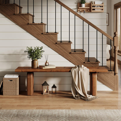 TRIBEWOOD 62.99-Inch Solid Wood Entryway Bench, Farmhouse Indoor Wooden End of Bed Bench for Entryway, Hallway, Bedroom, Dining Room, Living Room, Easy Assembly, Rustic Brown