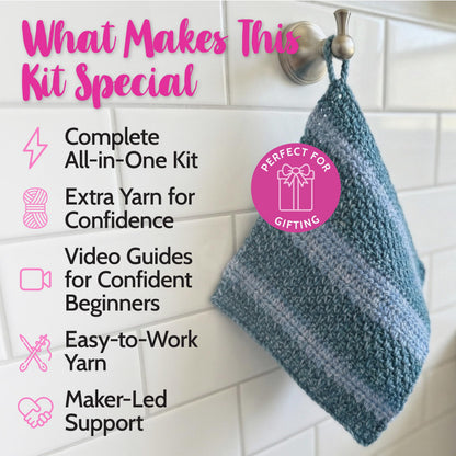 KnitPal Everyday Joy Crochet Kit for Confident Beginners – Make 4 Reusable 7.5 x 7.5 in Dishcloths – with Cotton to The Core Yarn (#3 DK), Hook, Patterns & Video Tutorials (Jean Blue + Sky Blue)