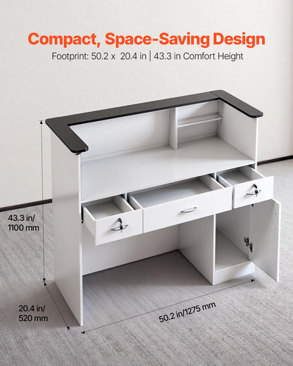VEVOR Reception Desk, 50 inch Rectangular Front Counter Table, Modern Office Reception Desk with Light Strip, 3 Drawers & Storage Cabinets, Retail Counter Table for Checkout, Lobby, Salon, Office