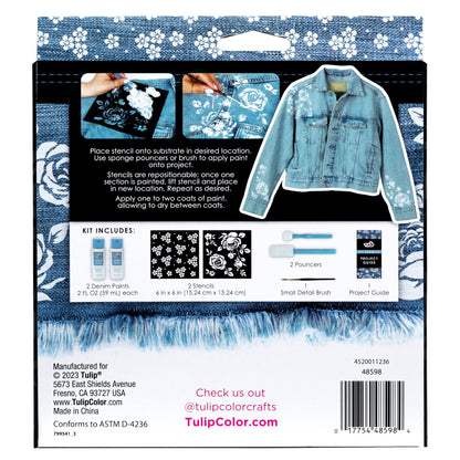 Tulip Denim Paint Stencil Kit, Permanent Paints, Beginner Friendly Craft Kit, Includes Stencils, Pouncers, Brush Tools and Easy Project Guide, 8 Pieces