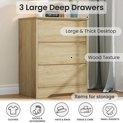 Garvee Wooden Dresser with 3 Drawers, Tall Modern Closet with Deep Storage, Large Chest of Drawers with Wide Top, Long Storage Dresser for Bedroom, Living Room, Hallway, Kids Room, Natural