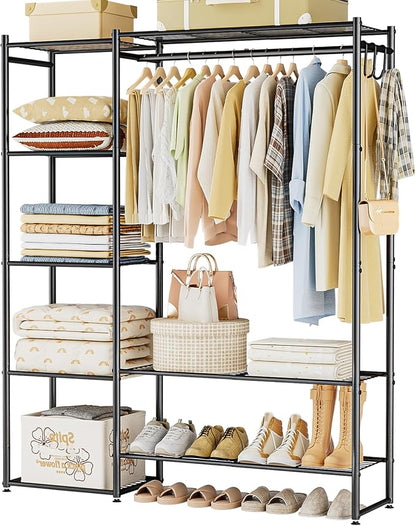 Neprock Wardrobe Closet, Portable Clothing Rack for Hanging Clothes, Free Standing Closet Organizers and Storage System with 4 Tiers Shelves for Cloakroom Bedroom, Black
