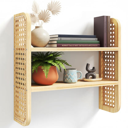 LUPWNEKA Natural 2-Tier Rattan Shelf - Wall Mounted Woven Boho Shelves, Handmade Rattan Display Shelf for Entryway, Nursery, Kitchen, Bathroom & Living Room
