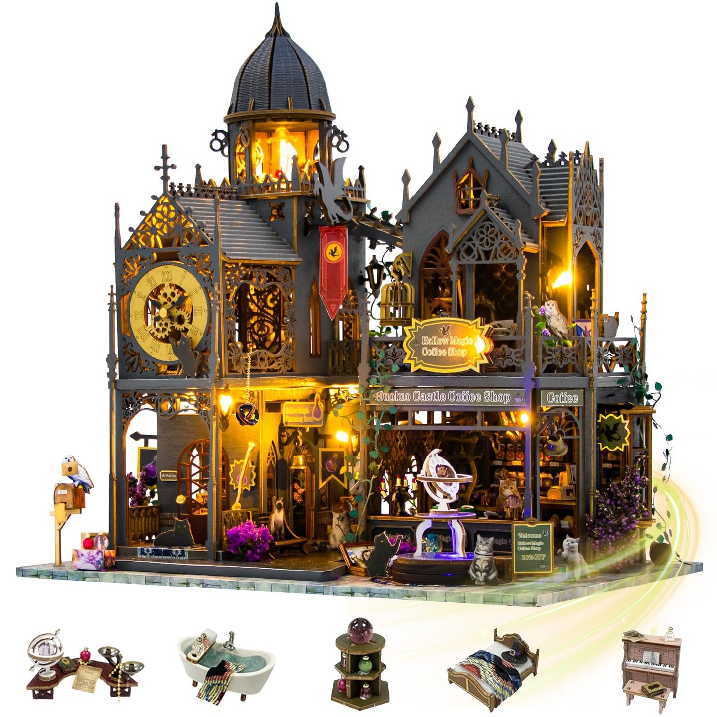 Mostop DIY Miniature House Kit: 3D Wooden Puzzle for Adults Miniature Kit, Magic Castle Tiny Model Dollhouse Kit with LED Light, Mini House Building for Adults & Teens, Creative Crafts for Women