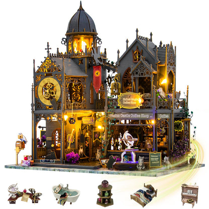 Mostop DIY Miniature House Kit: 3D Wooden Puzzle for Adults Miniature Kit, Magic Castle Tiny Model Dollhouse Kit with LED Light, Mini House Building for Adults & Teens, Creative Crafts for Women
