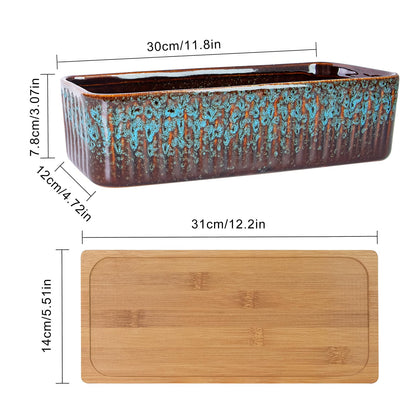 Succulent Pots - 12 Inch Large Succulent Planters with Drainage Tray, Window Sill Planter, Long Rectangle Ceramic Pots for Indoor Cactus Plants Shallow Bonsai Window Box for Home Garden Decor