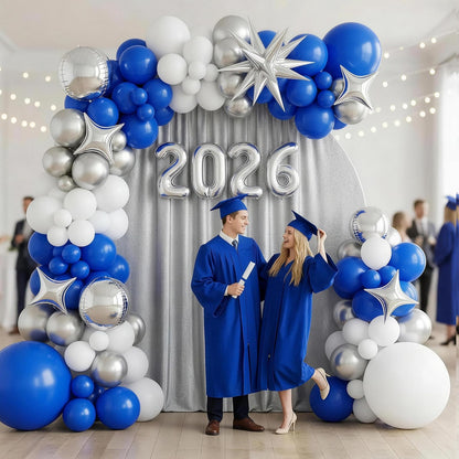 Blue Silver White Balloons Arch Kit, Blue White Balloon Arch with 4D Silver Star Graduation 2026 Foil Balloon Banner, Royal Metallic Balloons for Class of 2026 Graduation Decoration Birthday Party