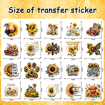 20 PCS Sunflower Heat Transfer Vinyl Stickers - Western Cowgirl/Truck/Butterfly/Cross Design Iron On Patches, Durable PU Vinyl Heat Transfer Decals for T-Shirts, DIY Clothing/Accessories/Bags/Hats