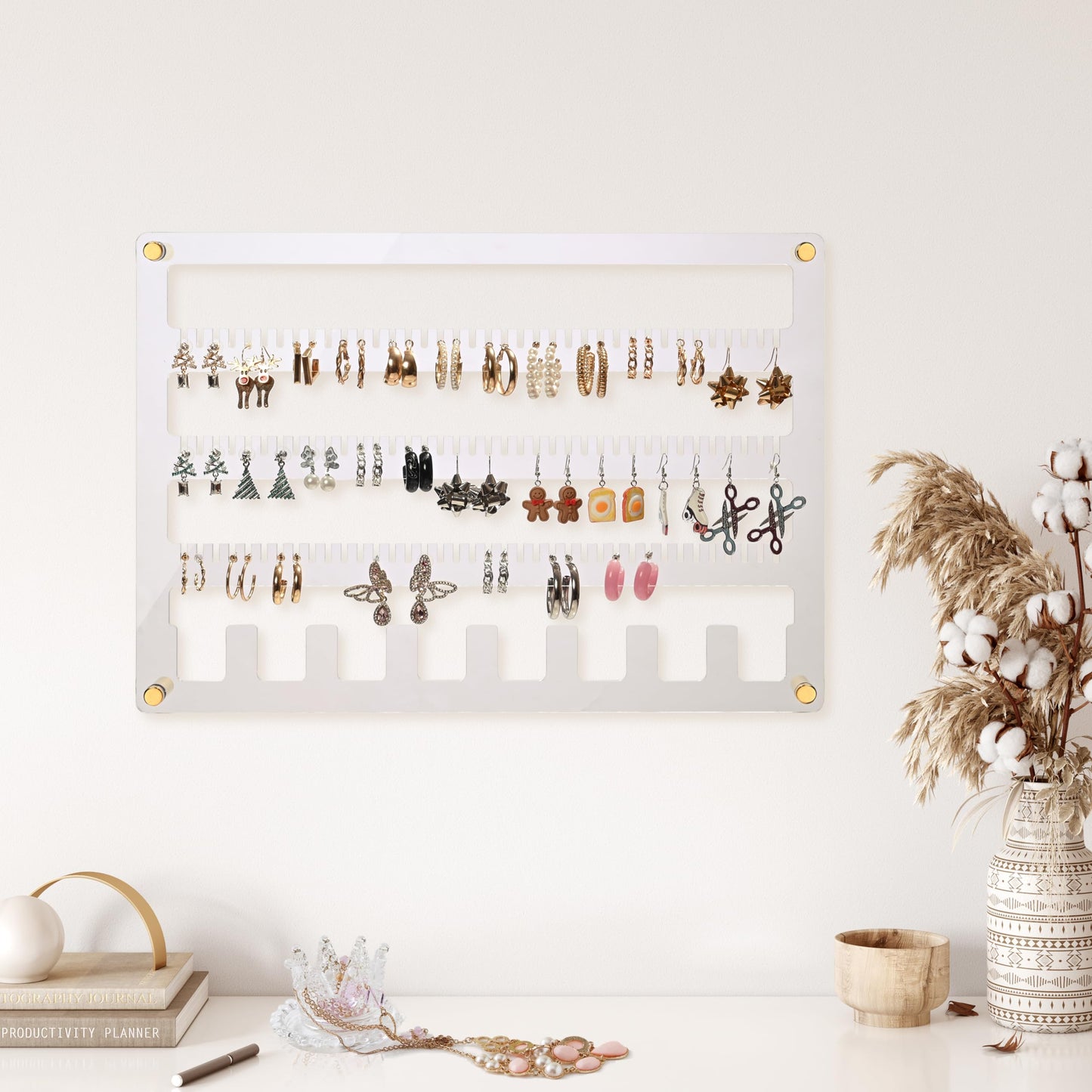 humberboat Earring Holder Organizer, 4 Layer Wall Mounted Ear Stud Display Storage, Acrylic Large Capacity Jewelry Organizer Earring Display and Storage for Studs, Dangling, Necklace