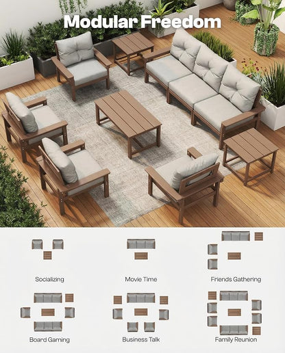 Teak HDPE Patio Sofa Set, 3-Piece Sectional Outdoor Patio Furniture Set, All Weather Outdoor Couch Set with Washable Thick Cushions for Lawn, Garden, Deck, Balcony, Porch, Poolside, Yard