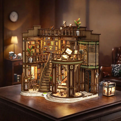 Kubelyx Library Book Nook Kit - DIY Miniature House Kit & Dollhouse Craft for Adults and Teens, 3D Wooden Puzzle with LED Light, Tiny Bookshelf Decor, Gifts for Family and Friends (Fantasy Library)