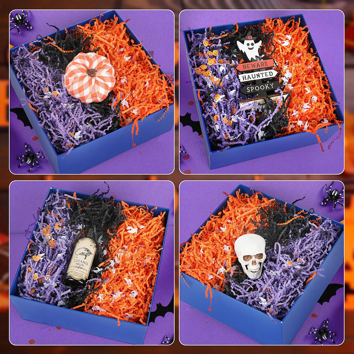 FOIMAS Halloween Crinkle Cut Paper,9.87oz Black Orange Purple Shred Raffia Paper with Pumpkin Ghost Confetti for Trick or Treat Halloween Bakset Gift Packaging Supply