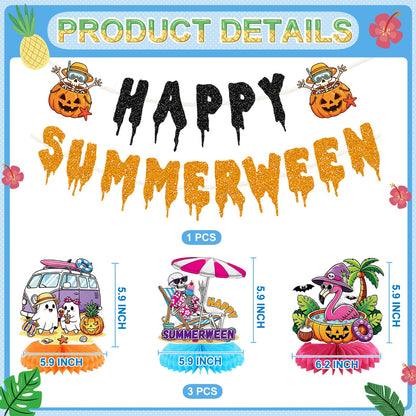 10PCS Happy Summerween Party Decorations Kit, Glitter Summer Halloween Banner Hanging Swirls and Honeycomb Centerpieces Table Decor for Summerween Pool Beach Party Supplies