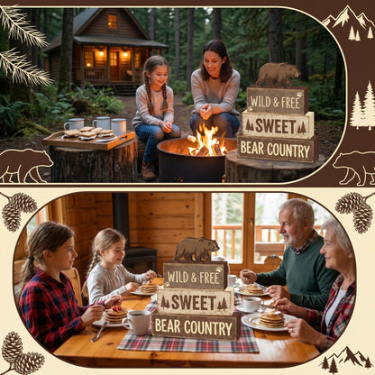 4 Pcs Brown Bear Tiered Tray Decor Woodland Bear Country Wooden Signs Cabin Shelf Sitters Rustic Farmhouse Table Centerpiece Mountain Forest Theme Table Decorations For Home Living Room Lodge