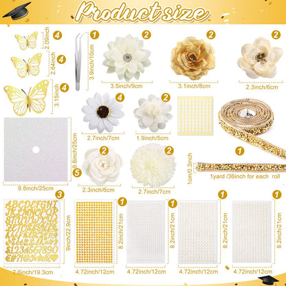 Wavwavw 43 PCS DIY Graduation Cap Decorations Kit, Grad Cap Decorations Included Faux Flowers 3D Butterfly Self Adhesive Rhinestones Stickers Alphabet Letter Stickers for 2026 Grad Party(White)