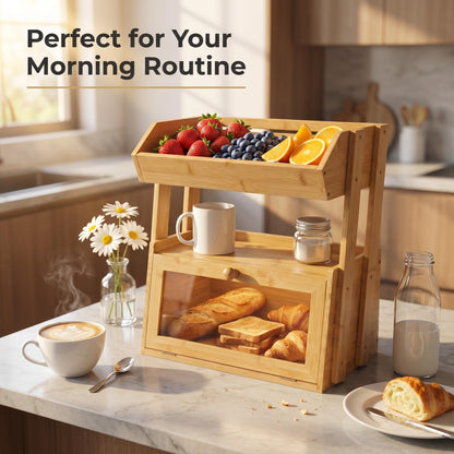 YanKiTour Bamboo Bread Box for Kitchen Countertop, 2 Tier Large Storage with Fruit Basket Top and Window, Farmhouse Organizer for Snacks & Vegetables