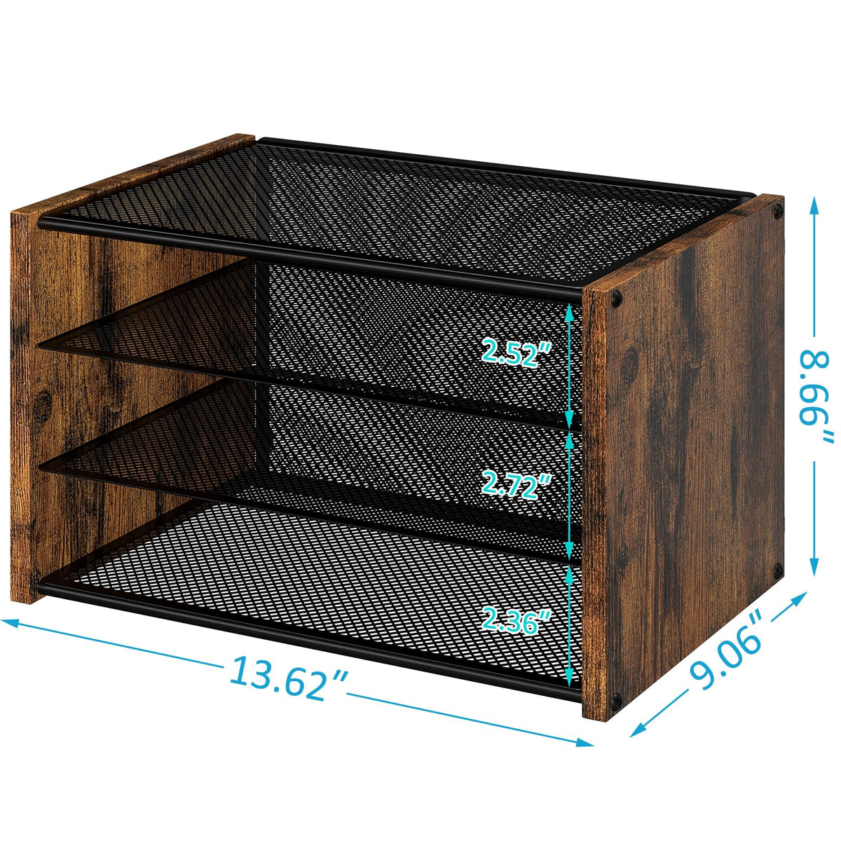DAOUTIME 3-Tier Paper Letter Tray, Wooden Desk File Organizer, Stackable Metal Mesh Desk Organizer for Office Supplies. Small Paper Trays for Home Office School, Rustic Brown