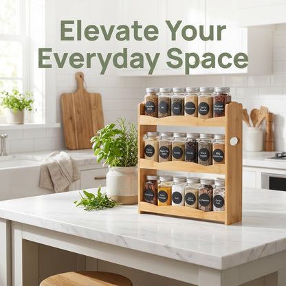Jucoan 3-Tier Bamboo Spice Rack for Countertop, Wall Mounted Spice Holder Rack Seasoning Bottles Jar Organizer Shelf, Bathroom Organizer Rack, Spice Rack Only, Jars No Included, No Assembly Required