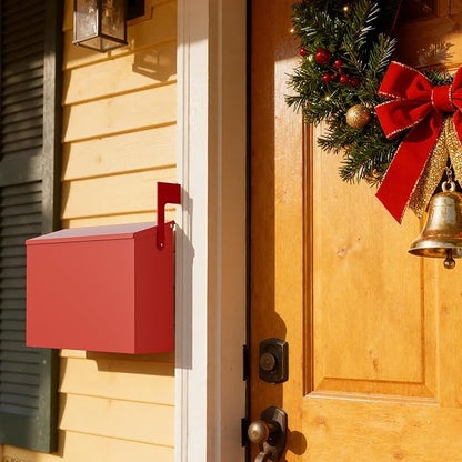 Wall-Mount Mailbox for Outside, Large Capacity Rust-Proof Mail Box with Stay-Open Lid & Red Flag Kit, Galvanized Steel Weather-Resistant Post Box for House Outside, 10.5"x4.3"x14.2", Red